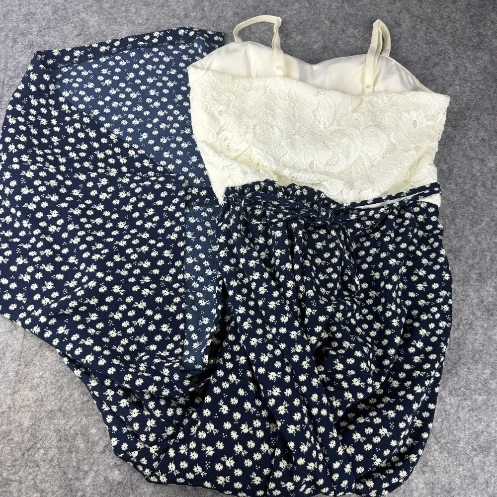 Candies Woman's White Lace & Blue Floral Wide Leg Jumpsuit Slits Y2K 90s Cottage - Picture 2 of 9